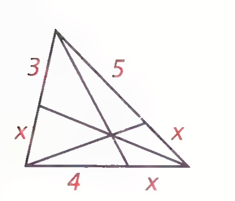 Triangle with cevians meeting at a point, with 3 and 5 at the top, x on each side, and 4 along the base.