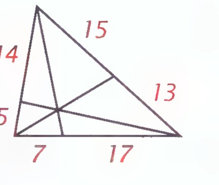 Triangle with three cevians that appear to be concurrent, with 14 and 5 on the left side, 15 at the top right, 13 on the right, and 7 and 17 along the base.