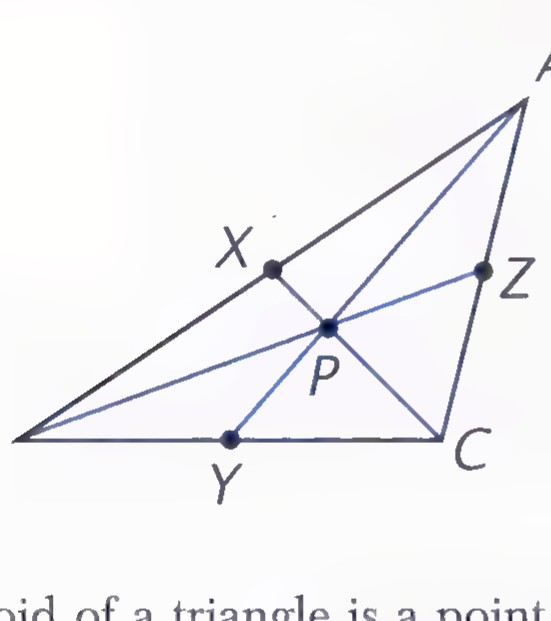 Triangle ABC with medians AY, BZ, and CX meeting at the centroid P.