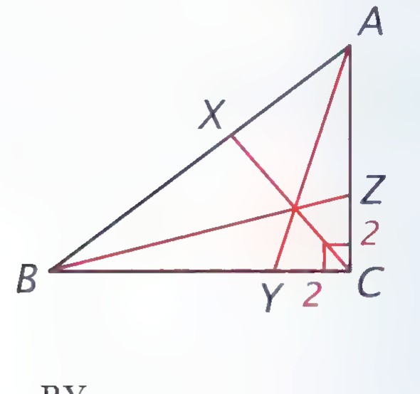 Right triangle ABC with cevians from B and A meeting at a point; X is on AB, Y and Z on BC with CY = CZ = 2.