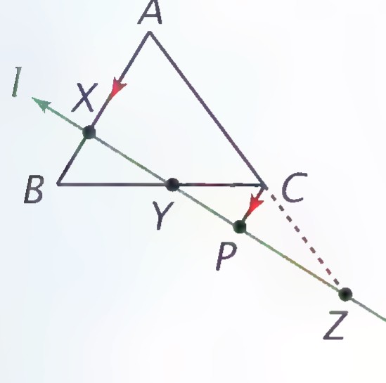 Triangle ABC crossed by line l at X on AB, Y on BC, and Z on the line AC; CP is drawn parallel to AB.