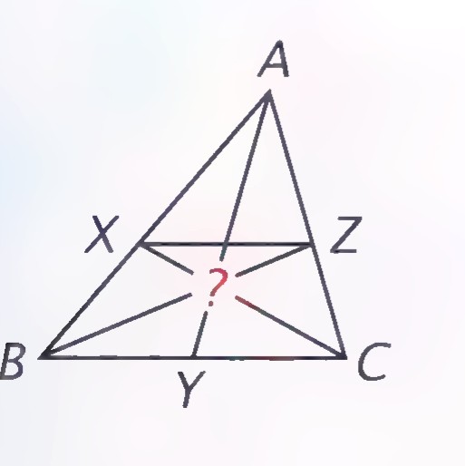 Triangle ABC with median AY, segment XZ parallel to BC, and cevians BZ and CX meeting at a point marked with a question mark.