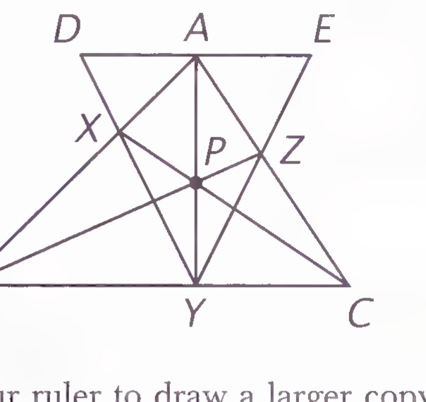 Triangle ABC with altitude AY and cevians BZ and CX meeting at P; DE is drawn through P parallel to BC, with D on AB and E on AC.