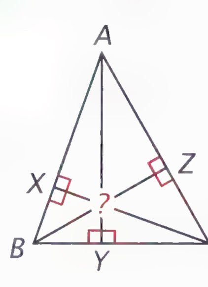Triangle ABC with lines AY, BZ, and CX perpendicular to the sides, meeting at a point marked with a question mark.