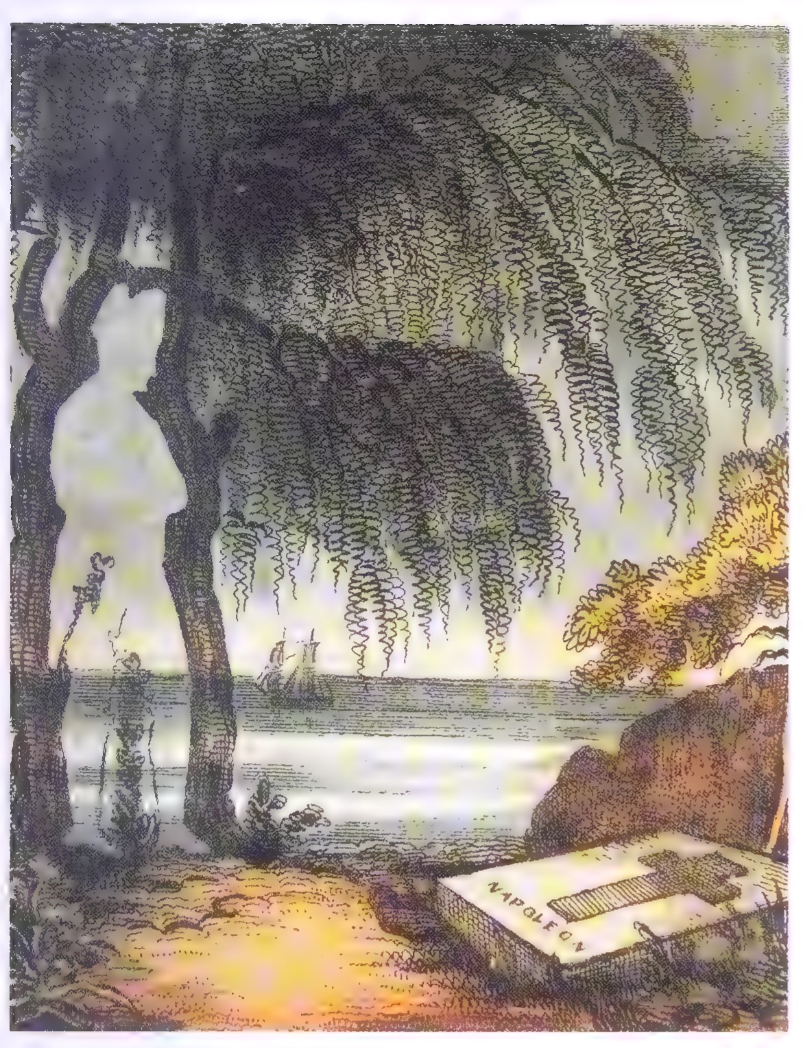 Engraving of Napoleon’s ghost standing among weeping willows beside a tombstone marked “Napoleon” on a remote island.
