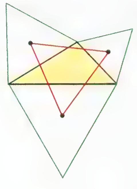 A scalene triangle with equilateral triangles drawn outward on its sides and their centers joined in red, forming an equilateral triangle.