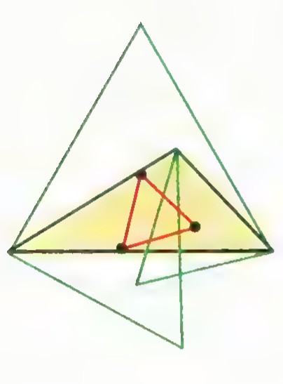 The same triangle with equilateral triangles drawn inward on its sides, and their centers joined in red.