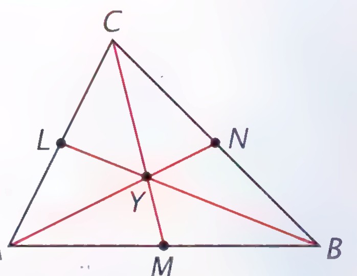 Triangle ABC with midpoints L, M, and N marked on its sides and medians CM and BL meeting at Y.