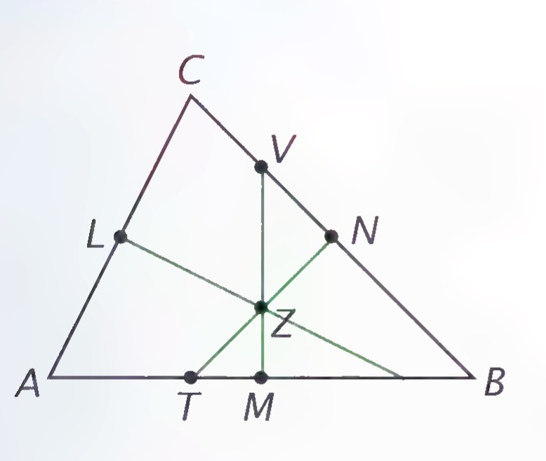 Triangle ABC with midpoints L, M, and N, perpendicular bisectors meeting at Z, and point V where the perpendicular through M meets CB.