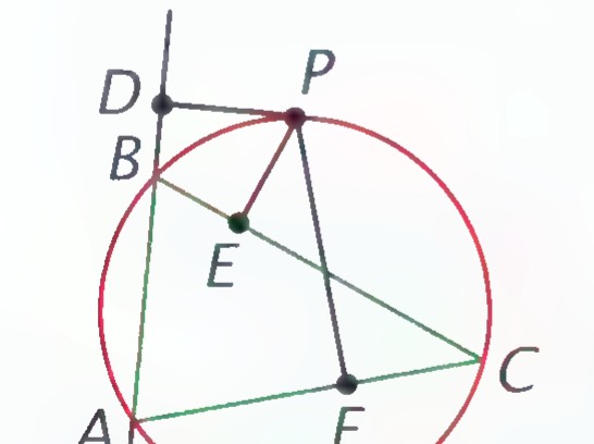 Triangle ABC inscribed in a circle, with point P outside it and PD, PE, and PF drawn perpendicular to the lines containing the sides.