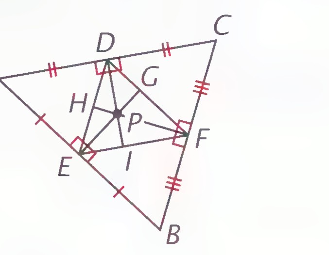 Triangle ABC with its perpendicular bisectors meeting at P; D, E, F are midpoints and G, H, I lie on the bisectors.