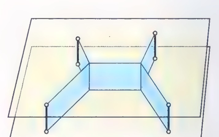 The same frame with soap films stretched between the four pins, forming a rectangular wall in the middle and four sloping walls.