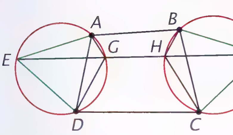 Points A, B, C, D marking four pins, with equilateral triangles ADE and BCF and their circumcircles constructed on opposite sides; line EF crosses the circles at G and H.