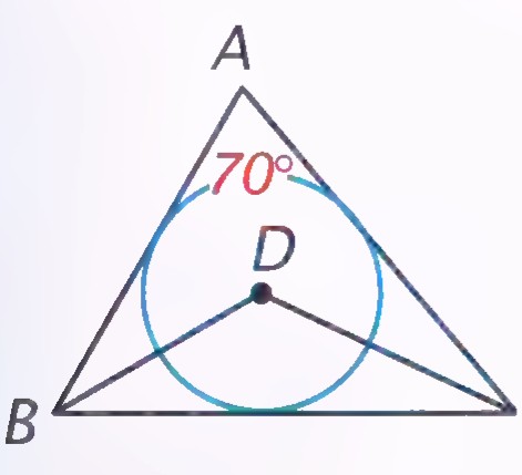 Triangle ABC with its incircle centered at D and angle A marked 70°.