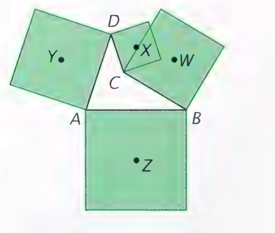 Quadrilateral ABCD with squares drawn outward on each side and the centers of the squares labeled Y, X, W, and Z.