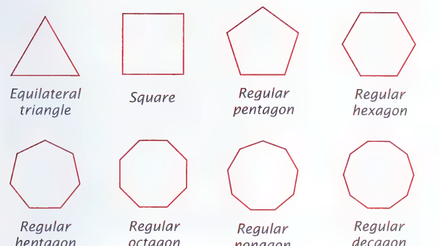 Eight regular polygons labeled equilateral triangle, square, regular pentagon, regular hexagon, regular heptagon, regular octagon, regular nonagon, and regular decagon.