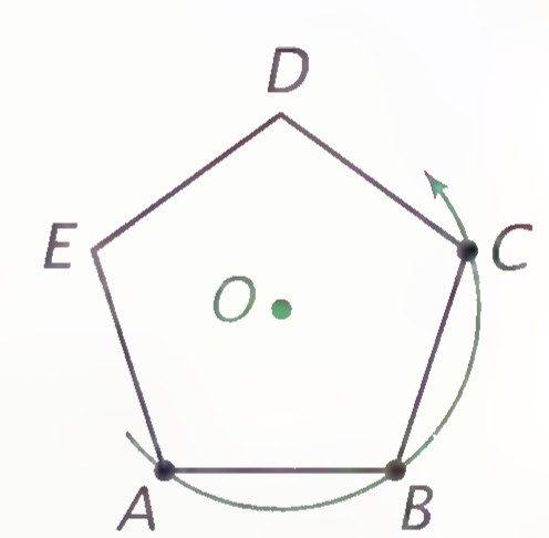 A regular pentagon ABCDE with a circle drawn through vertices A, B, and C and its center O marked.