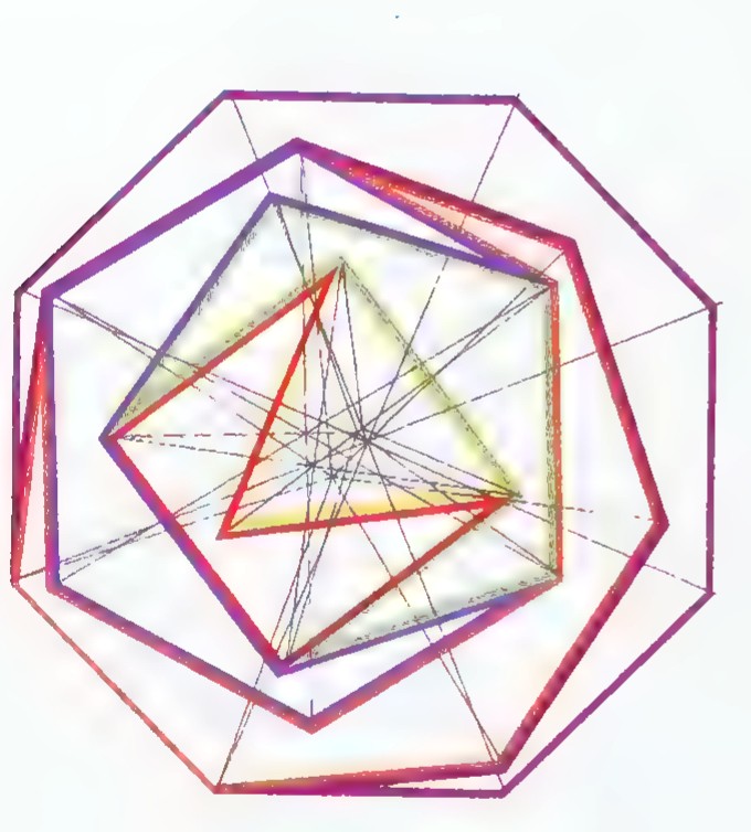 A Max Bill composition: nested regular polygons of many colors, with thin lines joining their vertices to a small central star.