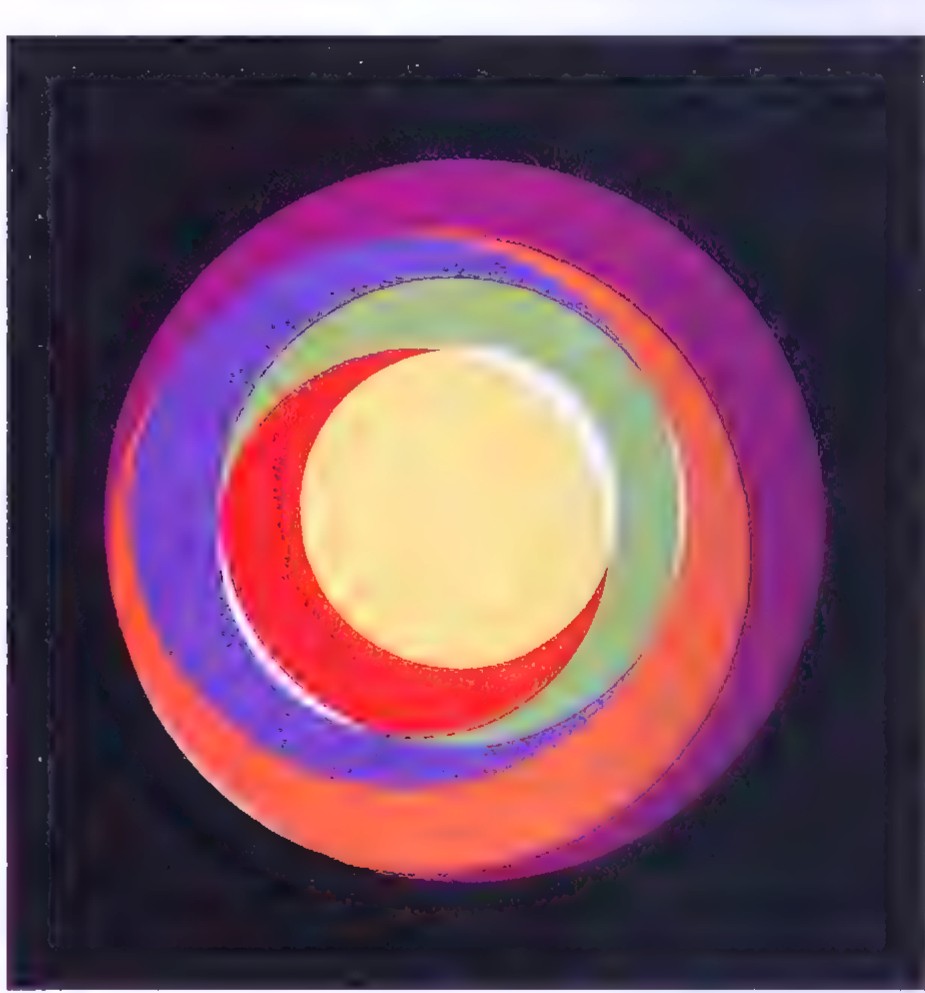 A Max Bill composition of concentric colored rings, cut by a red crescent, surrounding a pale yellow center.
