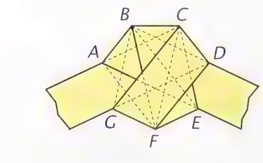 A strip of paper folded into a knot and flattened, forming a regular pentagon ABCDE with crease lines inside and loose ends at the left and right.