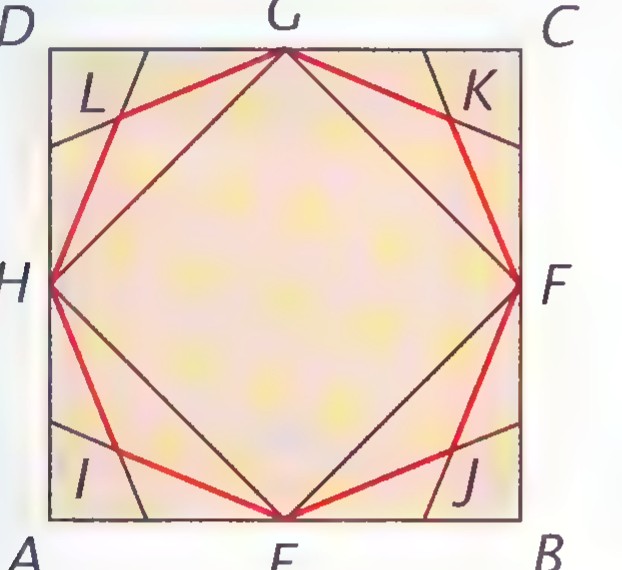 A square ABCD with points E, F, G, and H at the midpoints of its sides and red lines forming a regular octagon EFGH plus the corner triangles.