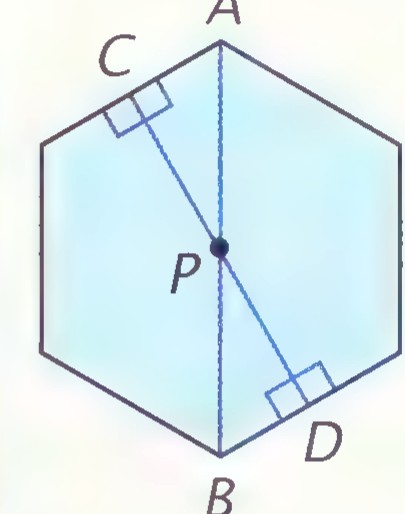 A regular hexagon ABCDEF with center P; segments AB and CD intersect at P, with right angles marked and perpendiculars drawn to sides.