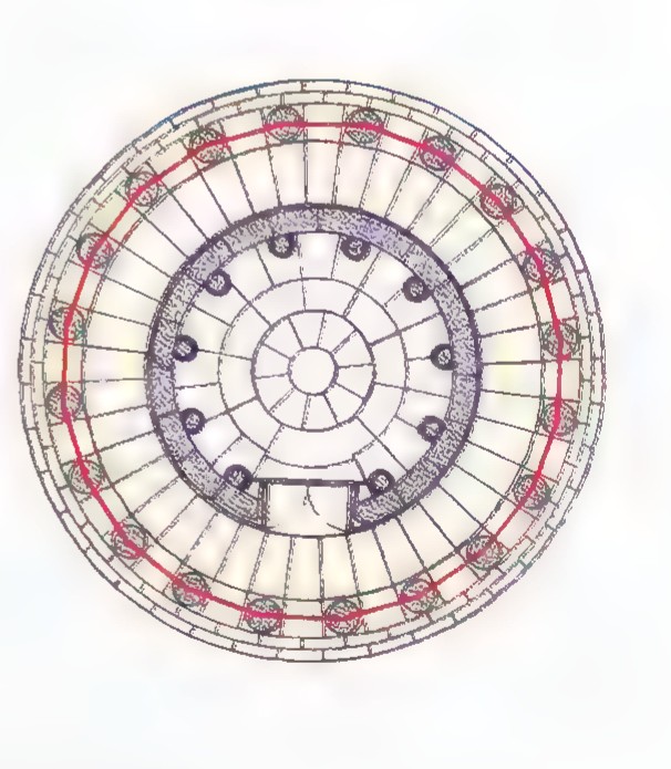 The circular ground plan of the Tholos, with the 20 column bases around the rim and a red regular icosagon joining their centers.