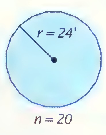 A blue circle with a radius marked r = 24’ and the label n = 20 below it.