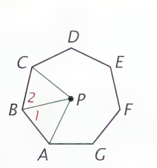 A regular heptagon ABCDEFG with center P; radii PA, PB, and PC drawn, and angles 1 and 2 marked at B.