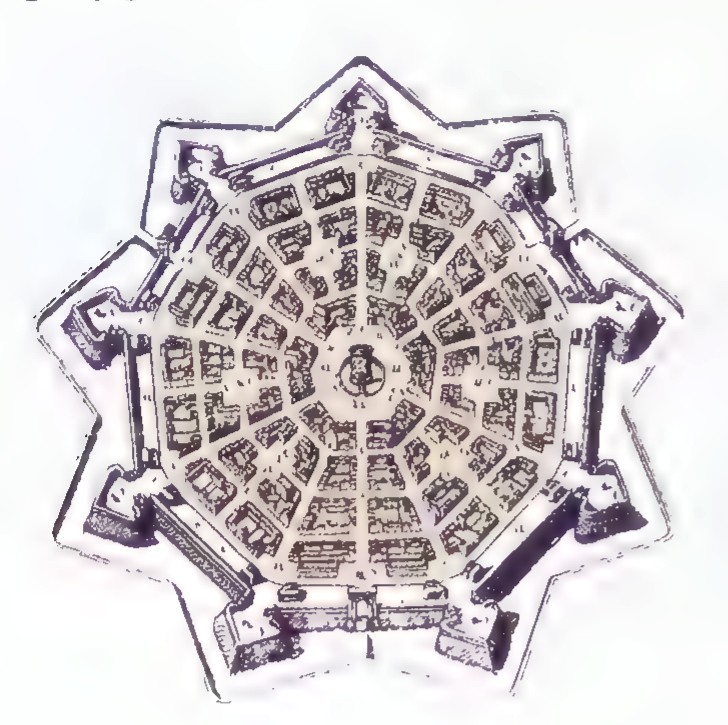 A plan of the walled city of Palma Nuova, built as a nine-sided star with fortified points and a street grid inside.