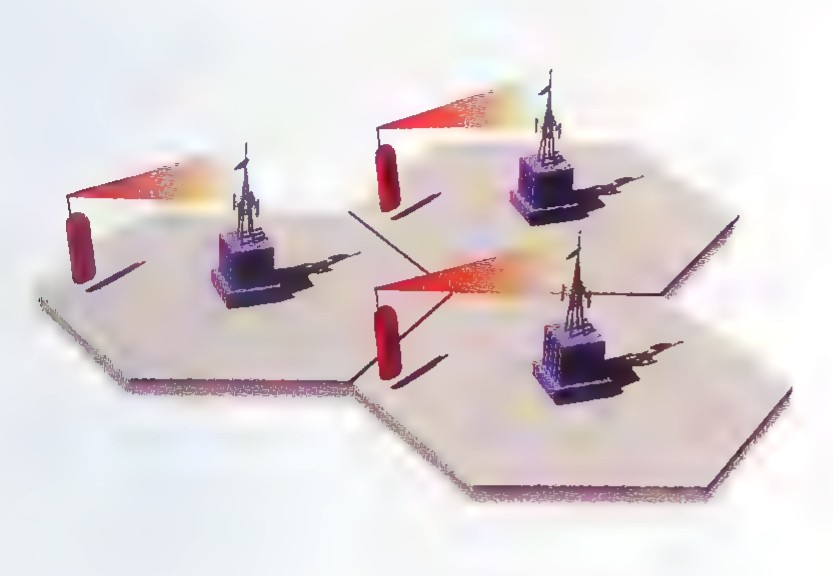 A diagram of cell-phone coverage: hexagonal cells laid edge to edge, each with a base station tower at its center emitting red signal fans.