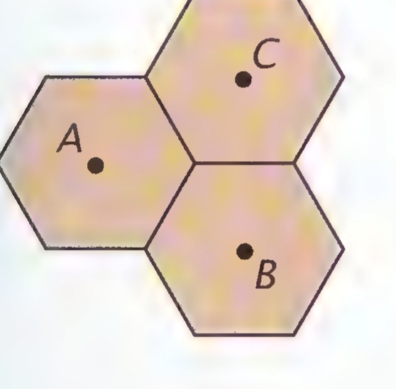 Three regular hexagons fitted together, with centers A, B, and C marked.