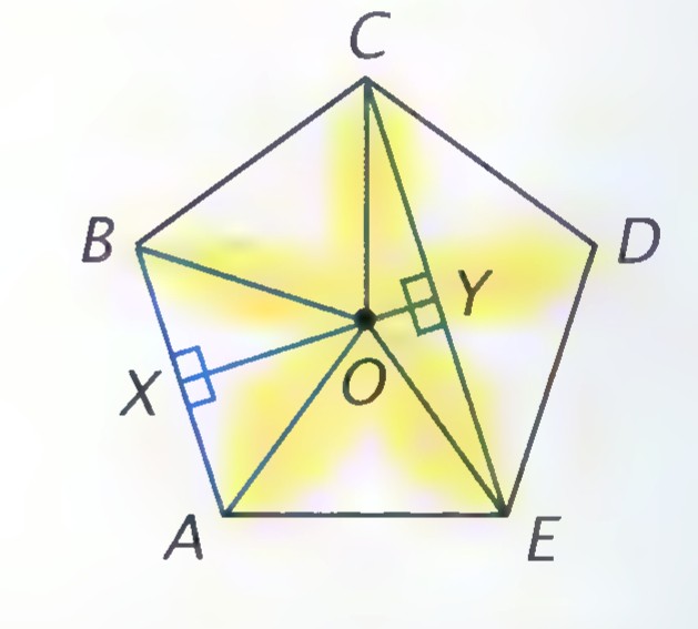 A regular pentagon inscribed in a star-shaped five-petal flower, with center O, radii to the vertices, and lengths X and Y marked.