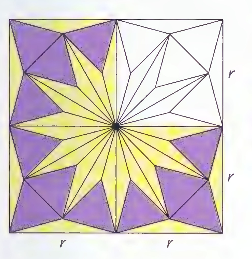 A regular dodecagon drawn inside a square divided into four smaller squares, with one square cut into a spoke pattern of purple and yellow triangles and the side length r marked.