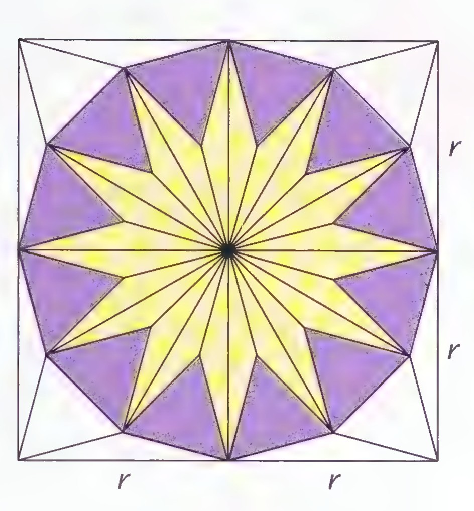 The same square with all four corner triangles rearranged to fill the dodecagon as a purple and yellow star.