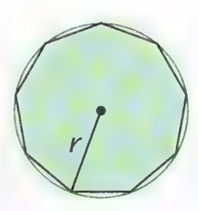 A regular nonagon inscribed in a circle, with the radius r drawn from the center to a vertex.