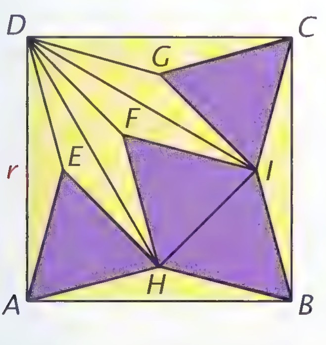 A square ABCD with vertices joined to interior points E, F, G, H, I, forming purple equilateral triangles and yellow isosceles triangles.