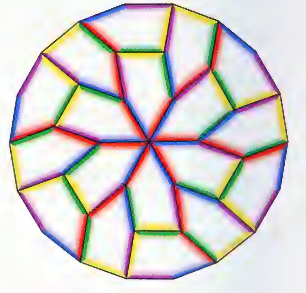 A large ring made of congruent pentagons in rainbow colors, arranged so that their edges form a star-like pattern around a central point.
