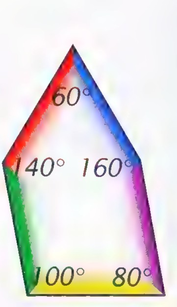 A single pentagon with its angles marked 60°, 140°, 160°, 100°, and 80°, shaded in rainbow colors.