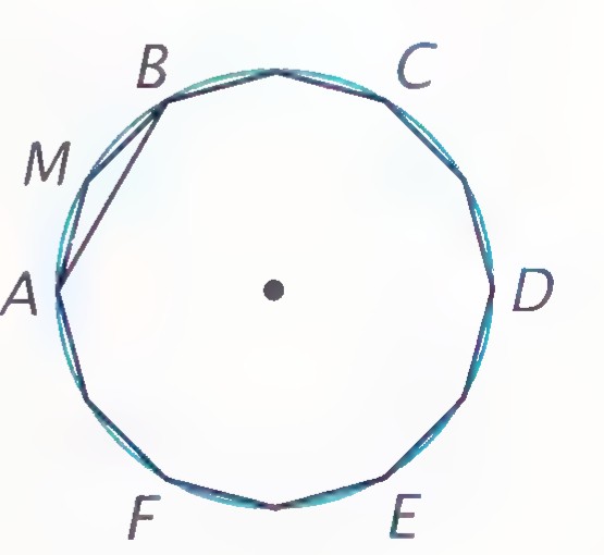 A regular dodecagon ABCDEF inscribed in a circle, with point M on the arc between A and B and radii drawn to the center.