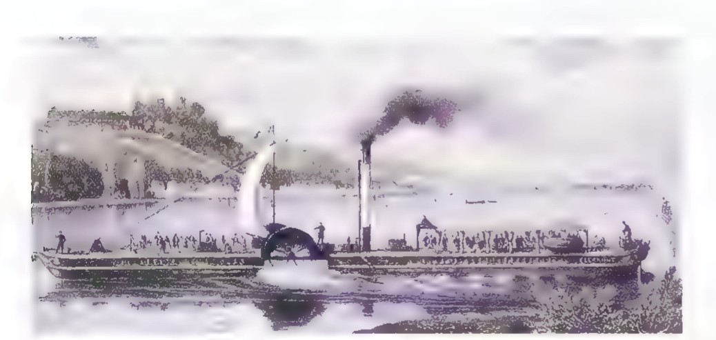A nineteenth-century engraving of Fulton’s paddle steamer on a river, with passengers on deck and smoke pouring from its stack.