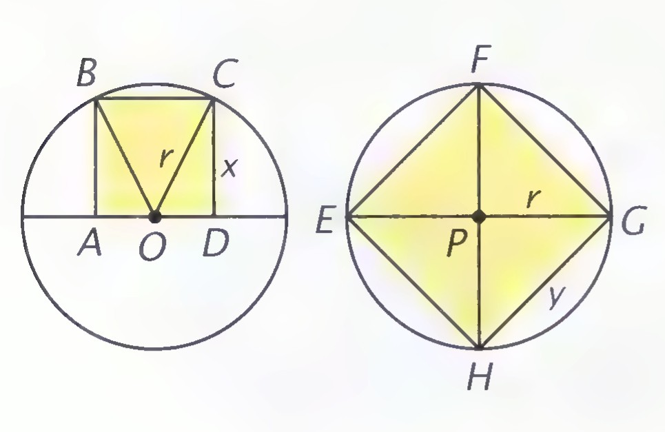 Two circles of equal radius r: in the first, square ABCD has side AD on a diameter and vertex C on the circle; in the second, square EFGH is inscribed in the circle.