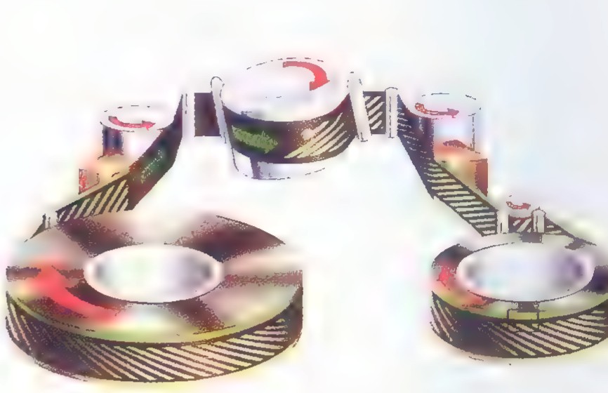A cutaway view of a VHS cassette showing the two reels, with tape wound on the supply reel and the take-up reel.