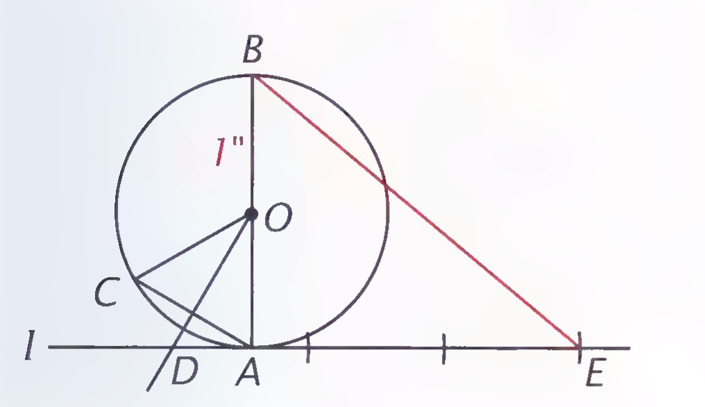 A circle with center O and diameter AB; at A a perpendicular line l is drawn through C, D, A, and E, with CE drawn from C to E far to the right.
