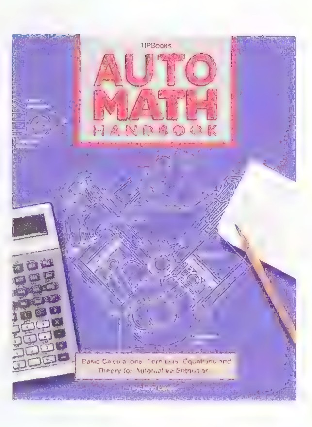 The cover of the book Auto Math Handbook, showing a dragster, a calculator, and drafting tools on a purple background.