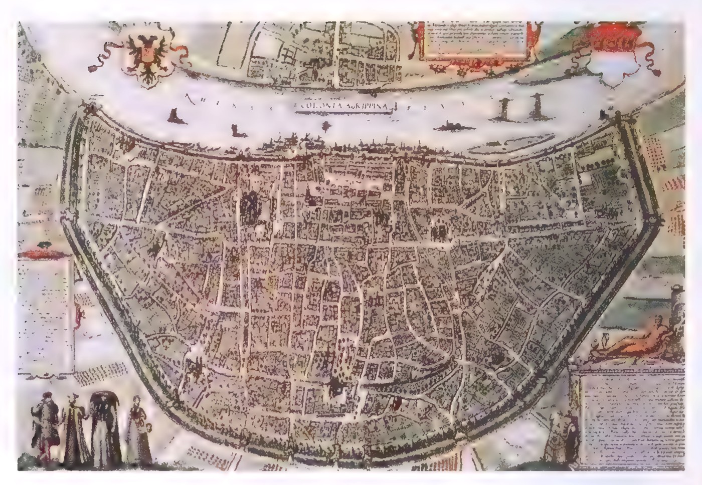 A medieval map of Cologne drawn as a walled semicircle facing the Rhine, with a panorama of the city inside the walls and figures in the foreground.