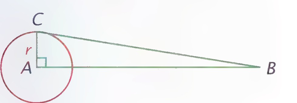 A circle with center A and radius r, and a right triangle ABC with the right angle at A, the leg along the circle’s radius and the long leg extending far to the right.