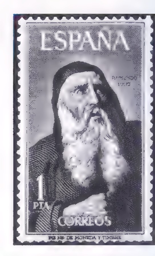 A Spanish postage stamp honoring Ramón Lull, showing a bearded scholar in robes with a book.
