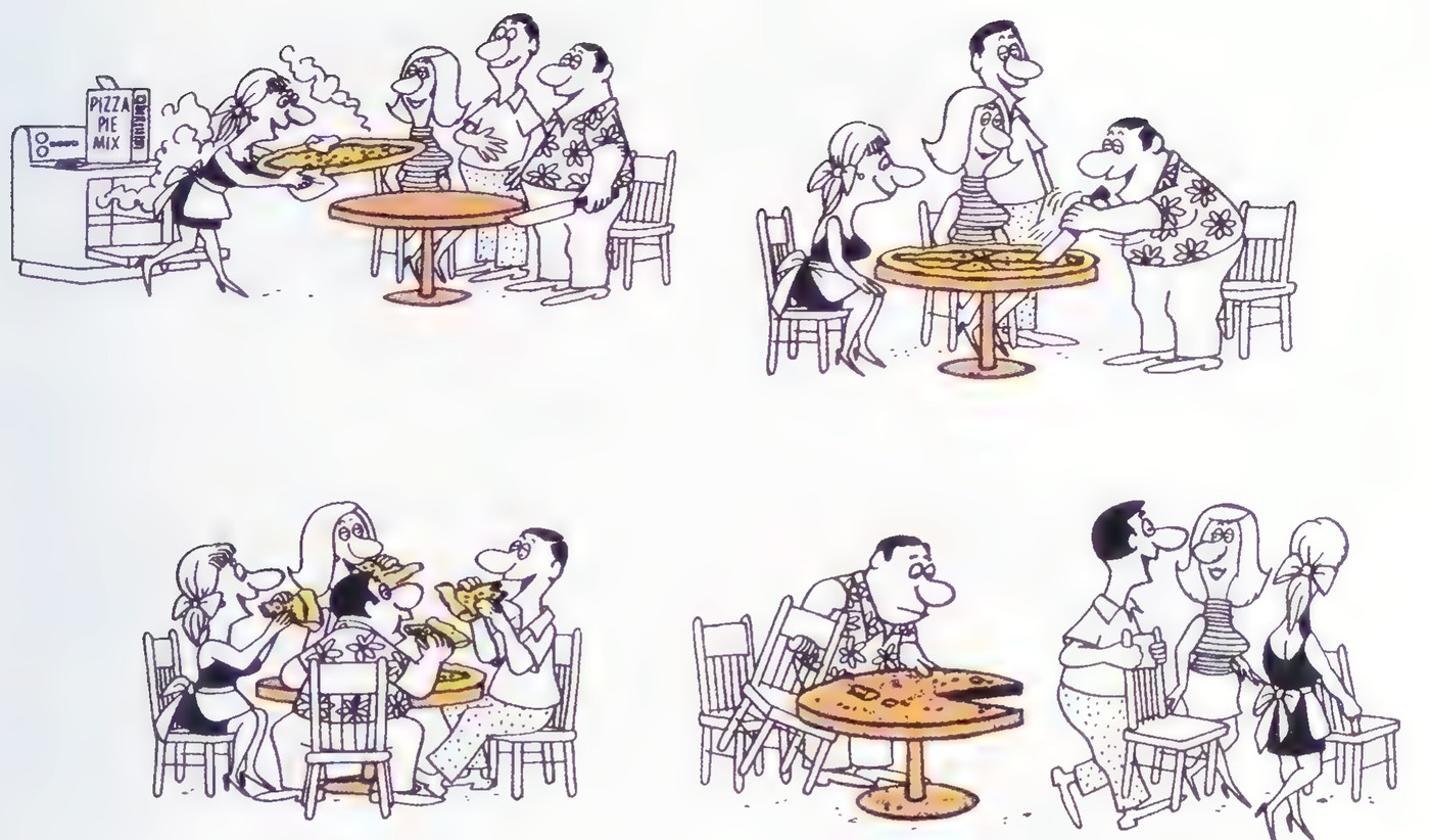 A five-panel cartoon about a pizza: the first slice is cut and shared, then more slices disappear as the remaining pieces get smaller and thinner.