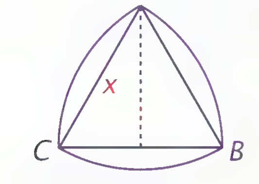 A Reuleaux triangle ABC built on equilateral triangle ABC: three arcs centered at the vertices, with the altitude from A to BC marked x.